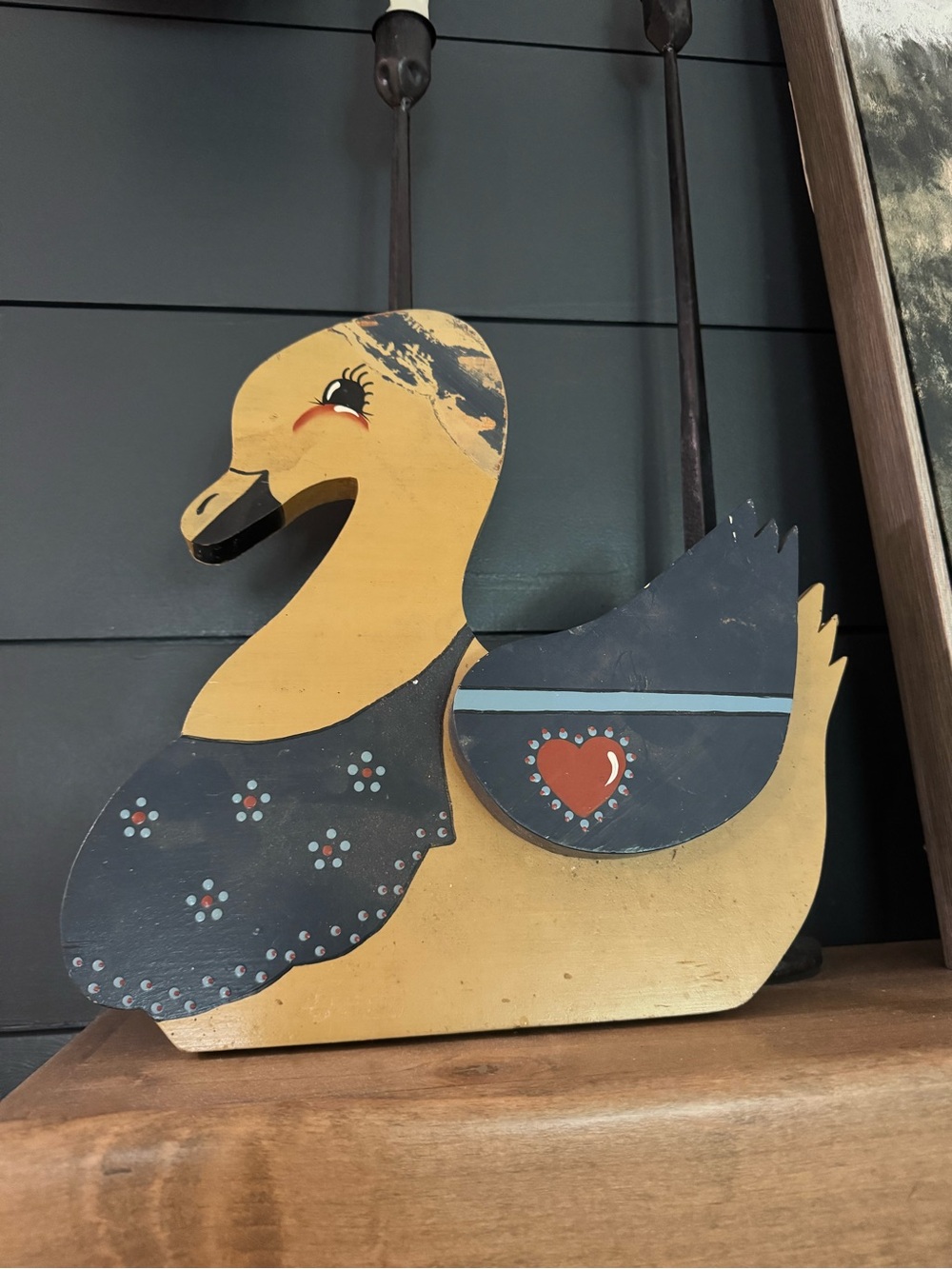 Folk Art Wooden Duck Shelf/Wall Decor in Cream & Navy